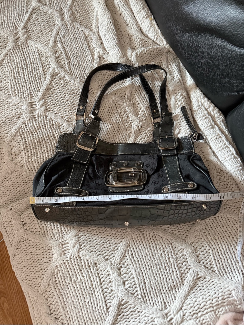 Guess Black Logo-Print Shoulder Bag with Silver Buckle - Picture 9 of 10
